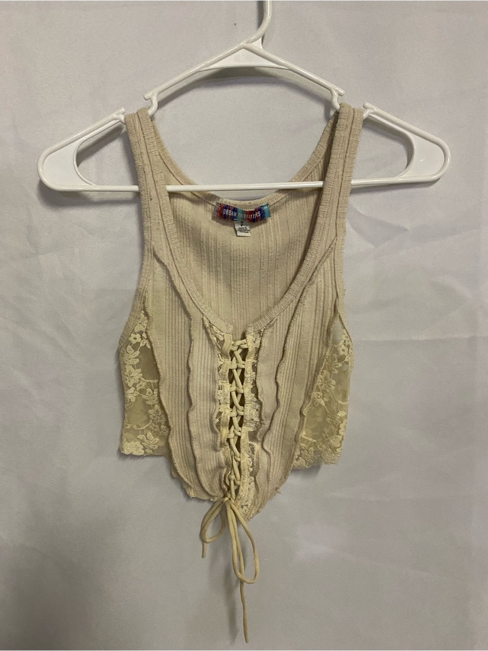 Urban Outfitters Boho Lace-Up Ribbed Tank Top - Beige